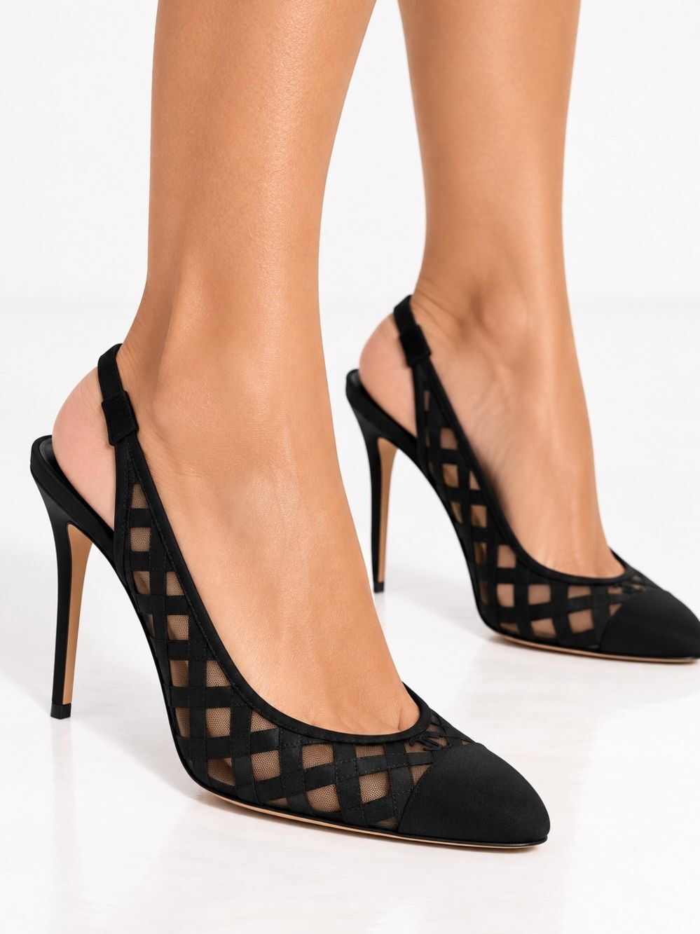 CHANEL Black Diamond Pattern Mesh CC Logo Cap Toe Slingback Sandals Size…